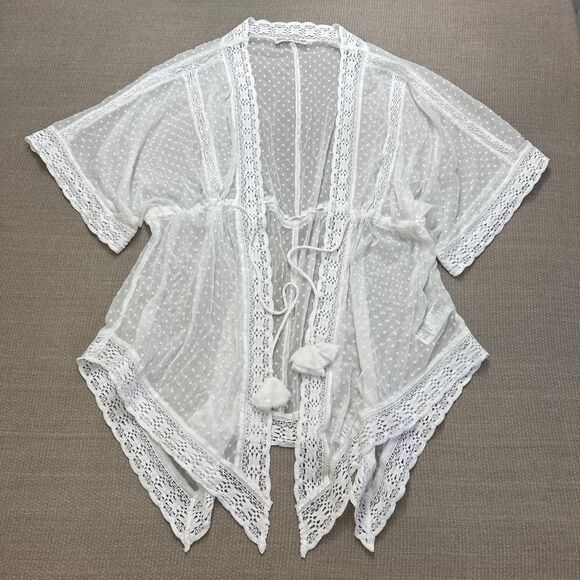 Abercrombie Boho Cottage Sheer White Polka Dot Lace Kimono Robe Fairy Cover Up - Picture 1 of 7